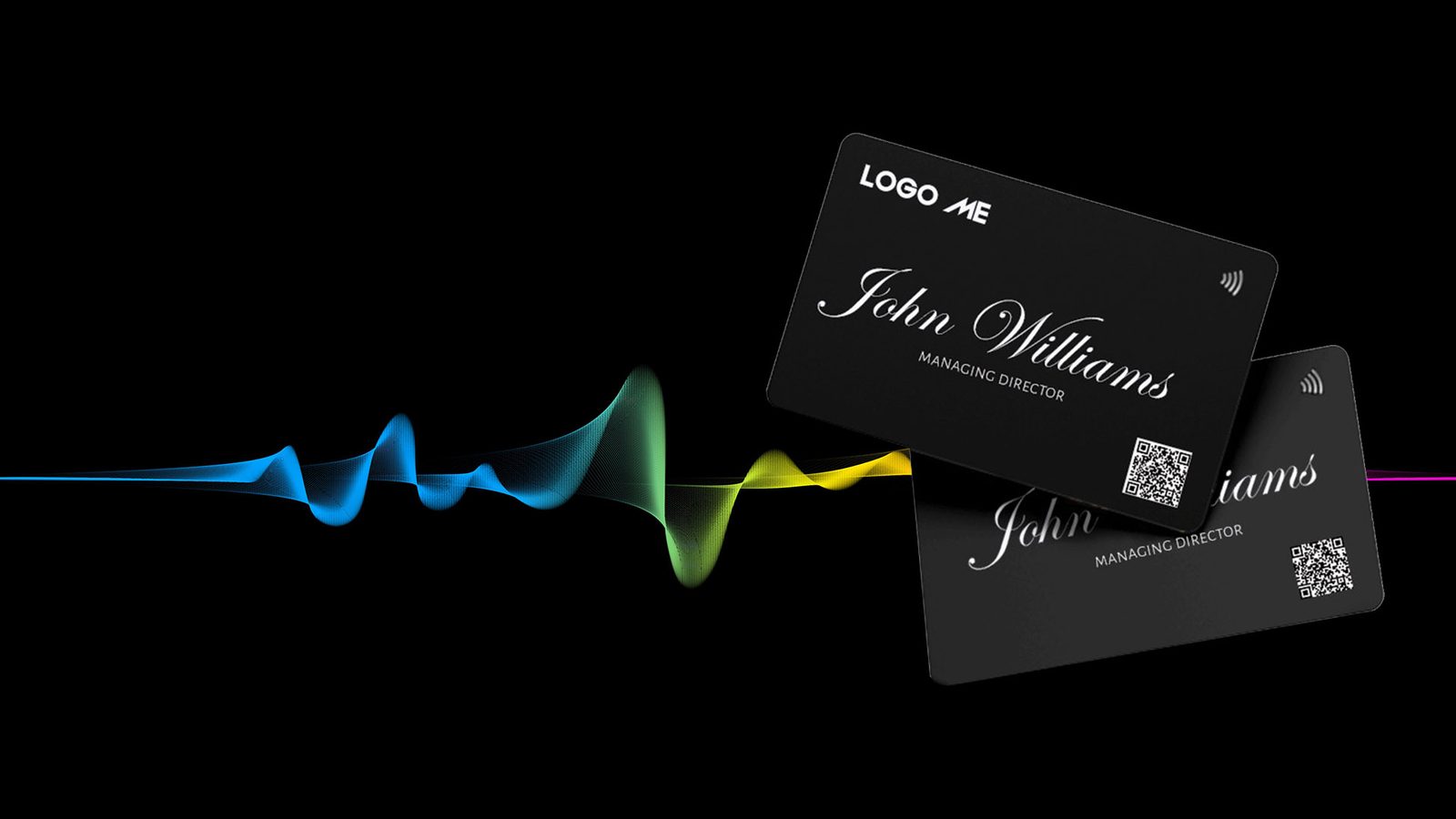 Black metal NFC business card engraved with a name, job title and QR code