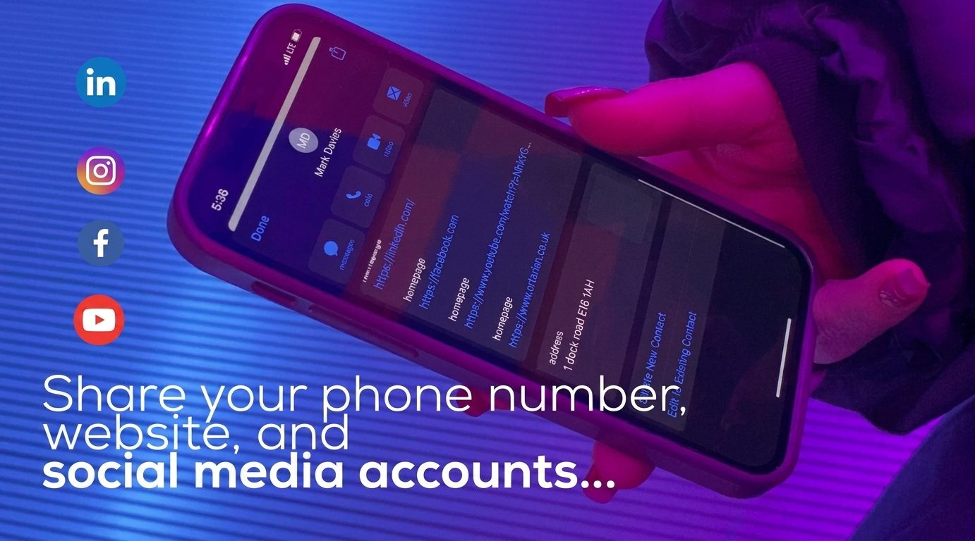 A phone showing contact details and social media links ready to be saved